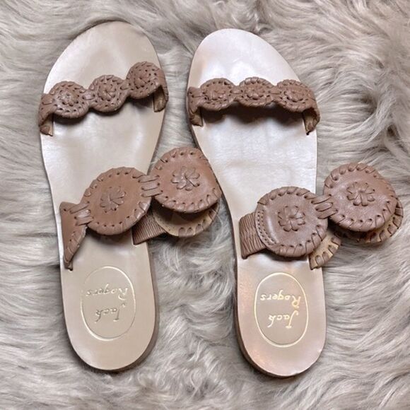 Jack Rogers Leather Lauren Slide Sandal Floral Shaped Low Stacked Heel - Picture 6 of 14